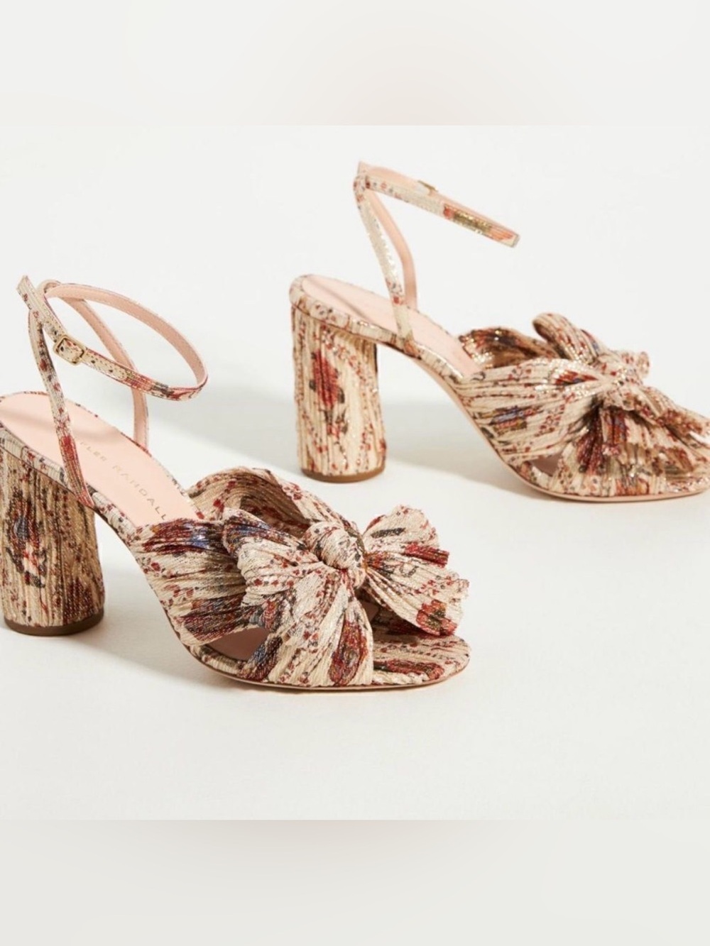 NWT Loeffler Randall Camellia Pleated Bow Heel - Sandals in Neutral Floral